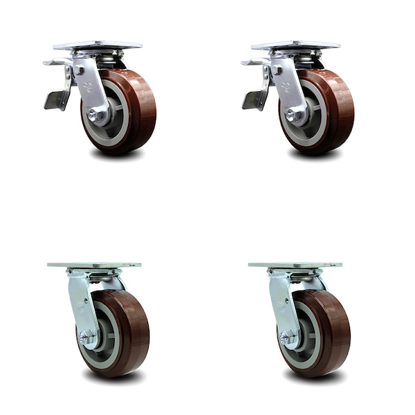 5 Inch Polyurethane Swivel Caster Set with Ball Bearing 2 Total Lock Brake SCC